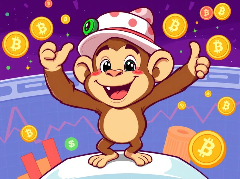 Playful APEPE memecoin character celebrating exchange listing with cryptocurrency symbols