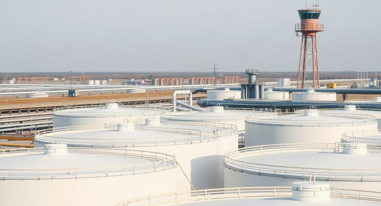 Aerial view of crude oil storage tanks at an industrial facility, representing weekly inventory changes.