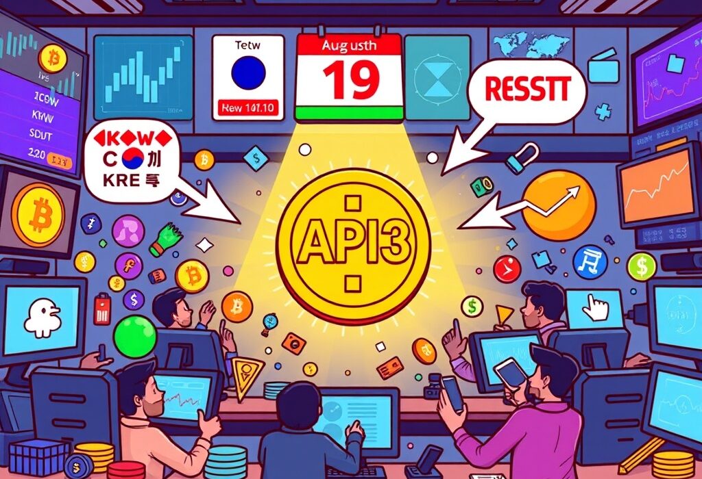 A cartoon illustration showing the excitement around Upbit's new API3 trading pairs, symbolizing market expansion.