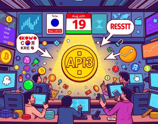 A cartoon illustration showing the excitement around Upbit's new API3 trading pairs, symbolizing market expansion.