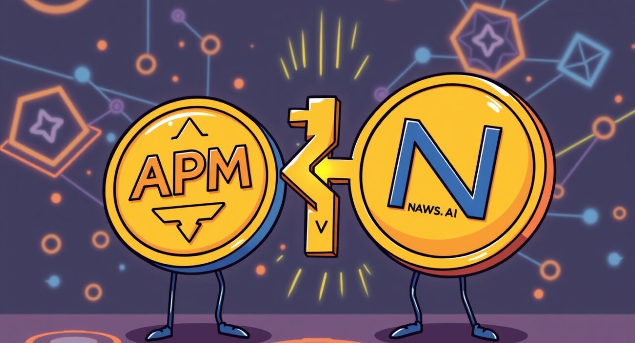 Visualizing the APM Coin merger with NAWS.AI, symbolizing the integration and future potential of their blockchain platforms.