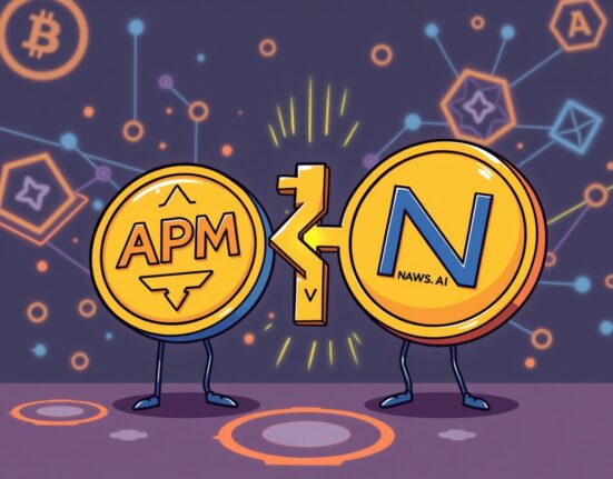 Visualizing the APM Coin merger with NAWS.AI, symbolizing the integration and future potential of their blockchain platforms.