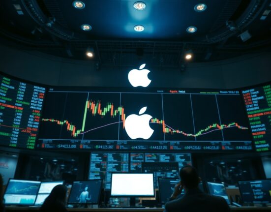 Apple stock chart with Elliott Wave analysis showing downward trend