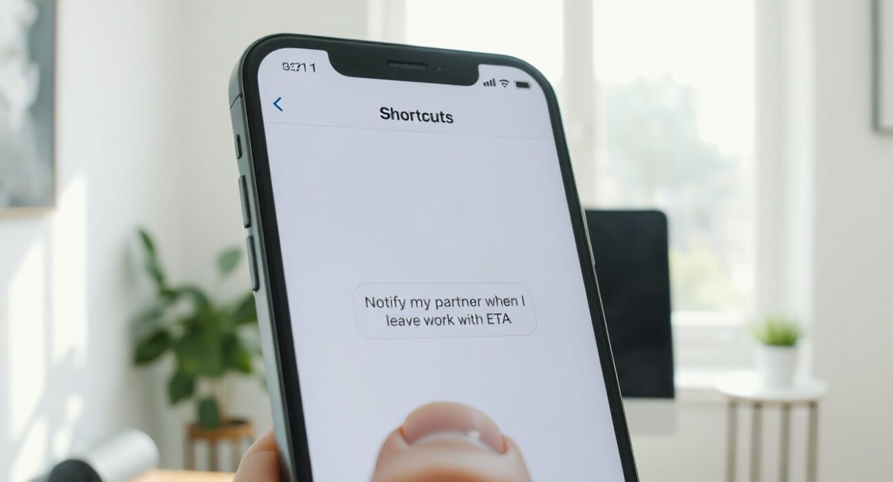 iPhone showing Shortcuts app with AI-powered natural language prompt for automation