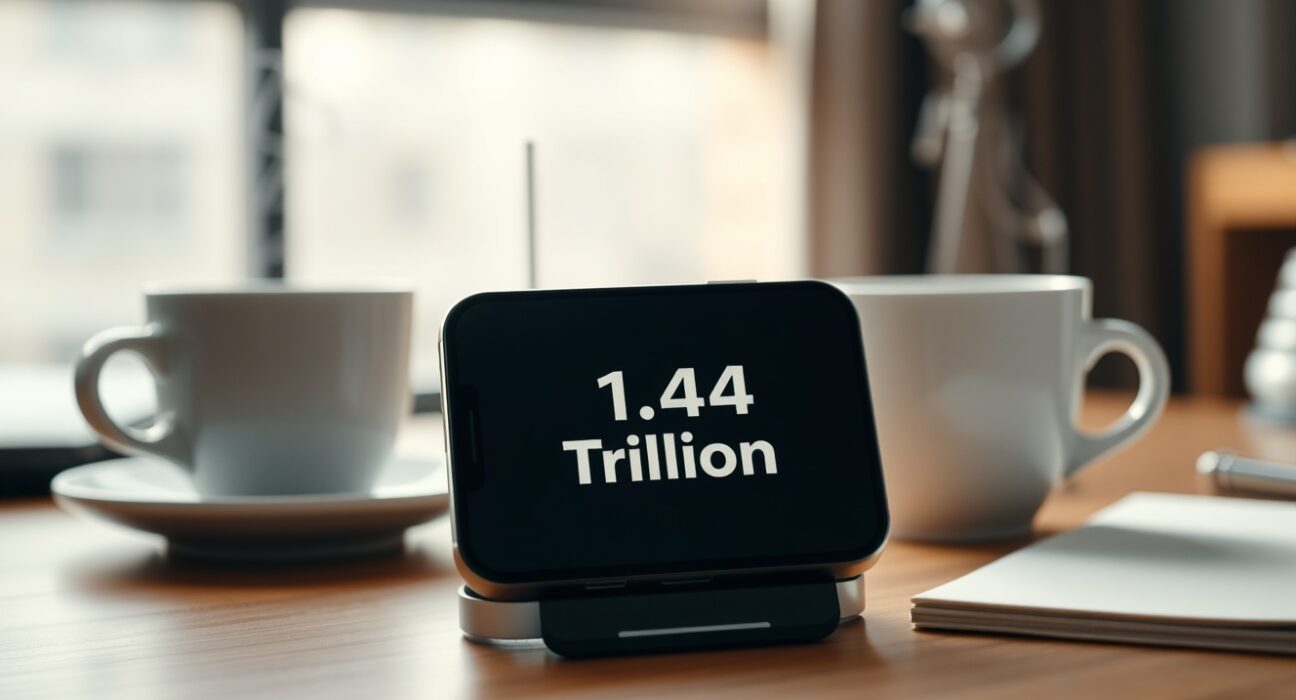 iPhone showing Apple App Store with $1.4 trillion billing figure on a desk