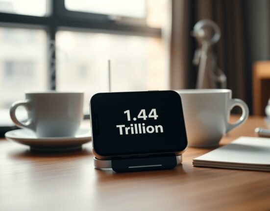 iPhone showing Apple App Store with $1.4 trillion billing figure on a desk