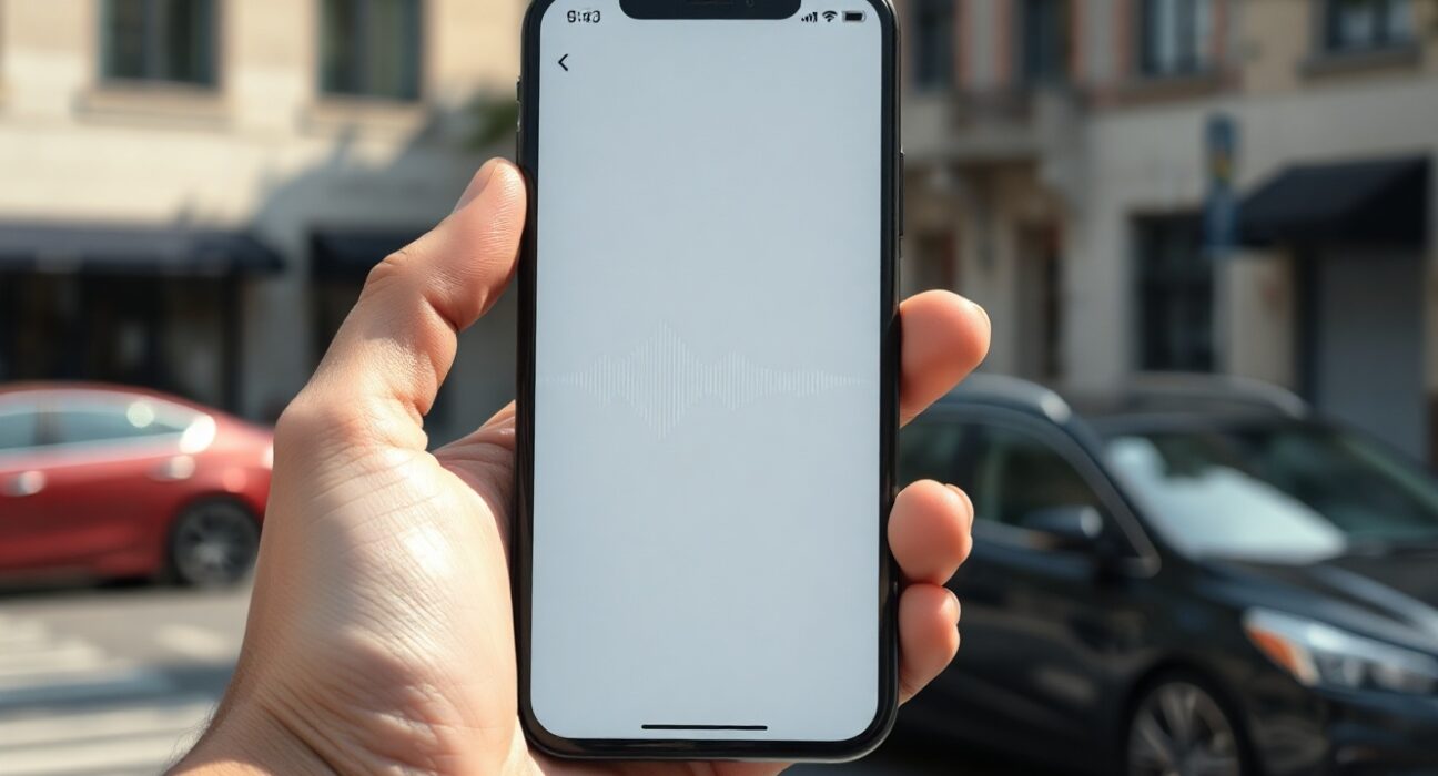 Person holding an iPhone with Siri AI voice assistant interface in a blurred urban setting