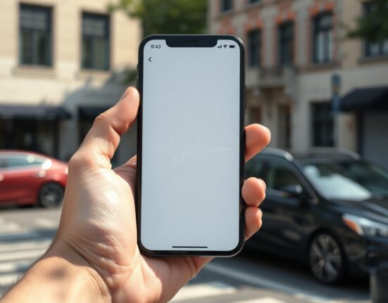 Person holding an iPhone with Siri AI voice assistant interface in a blurred urban setting