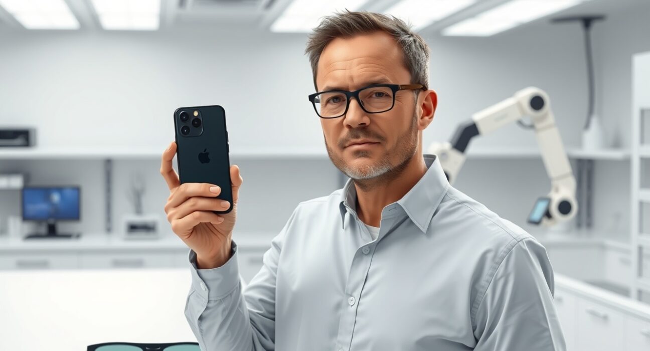 John Ternus Apple CEO holding foldable iPhone prototype in hardware lab with AI devices and robotics