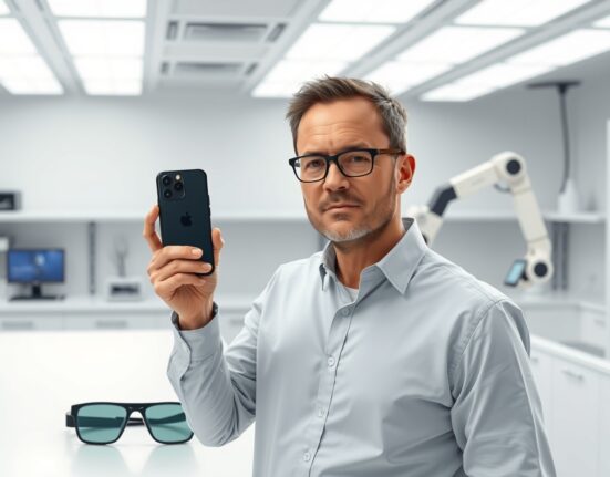 John Ternus Apple CEO holding foldable iPhone prototype in hardware lab with AI devices and robotics