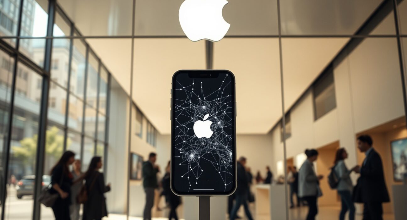 Apple Store in China with iPhone displaying AI integration visuals representing Apple Intelligence partnership with Alibaba Qwen