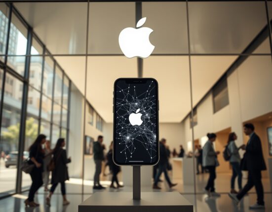 Apple Store in China with iPhone displaying AI integration visuals representing Apple Intelligence partnership with Alibaba Qwen