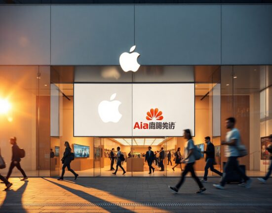 Apple Store in Shanghai with Apple Intelligence and partner logos on display