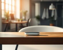 A screenless smart speaker device on a table, representing OpenAI's rumored hardware plans.