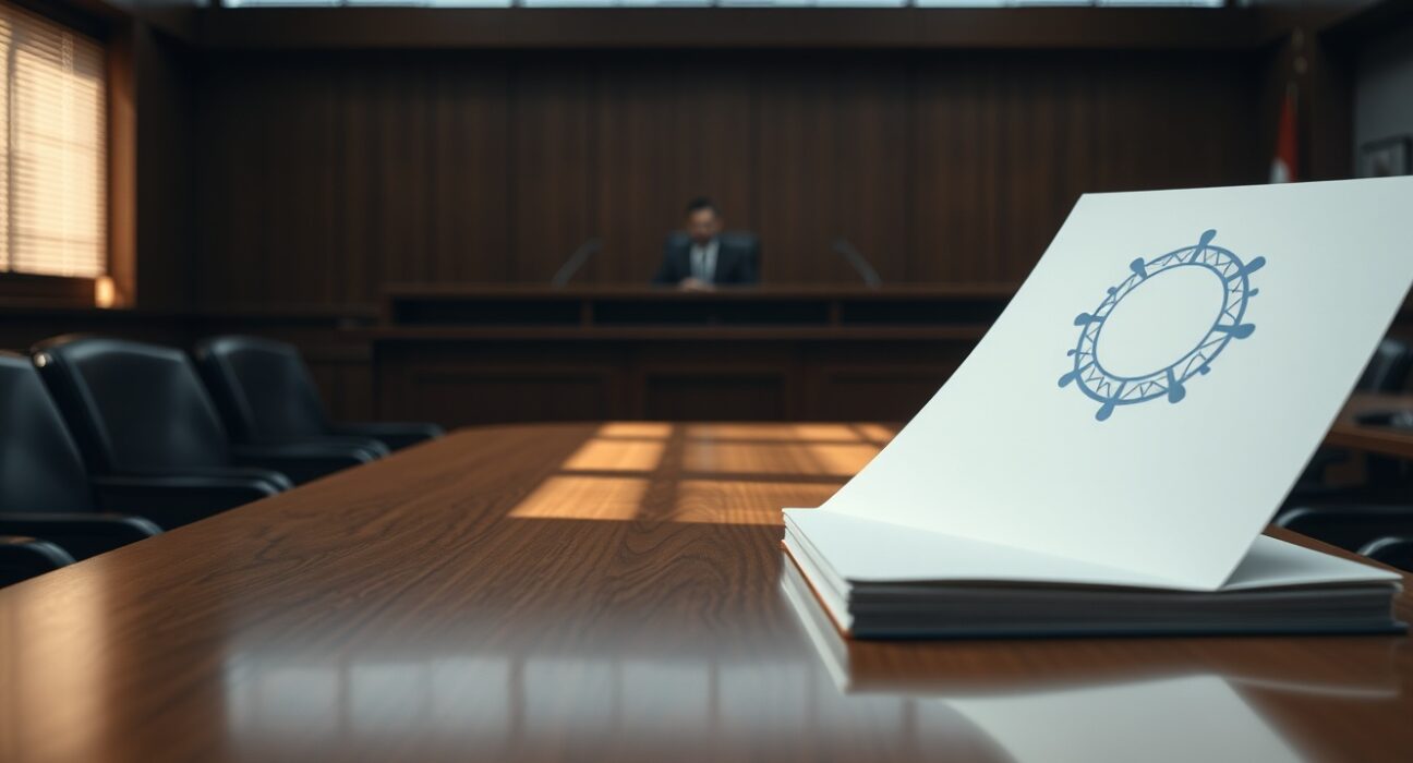 Courtroom scene with Apple and OpenAI logos representing trade secrets lawsuit