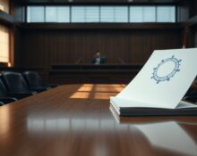 Courtroom scene with Apple and OpenAI logos representing trade secrets lawsuit