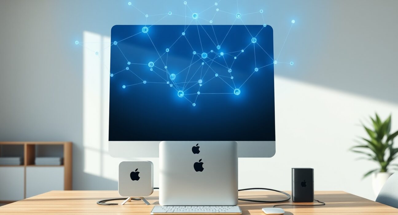Apple Mac mini and Mac Studio desktop setup with AI data visualization, representing Apple Mac AI demand surge in Q2 2025.
