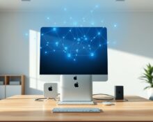 Apple Mac mini and Mac Studio desktop setup with AI data visualization, representing Apple Mac AI demand surge in Q2 2025.
