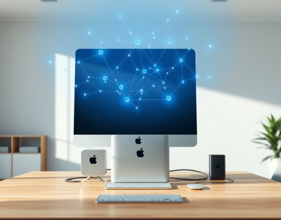 Apple Mac mini and Mac Studio desktop setup with AI data visualization, representing Apple Mac AI demand surge in Q2 2025.