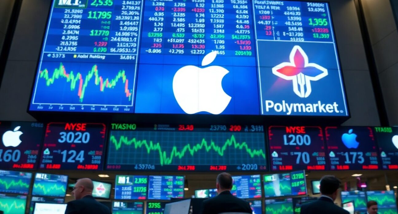 Apple logo on a trading floor display with stock charts and Polymarket interface