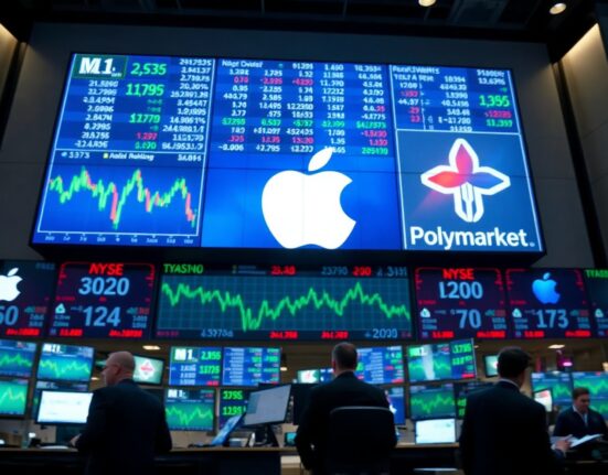 Apple logo on a trading floor display with stock charts and Polymarket interface