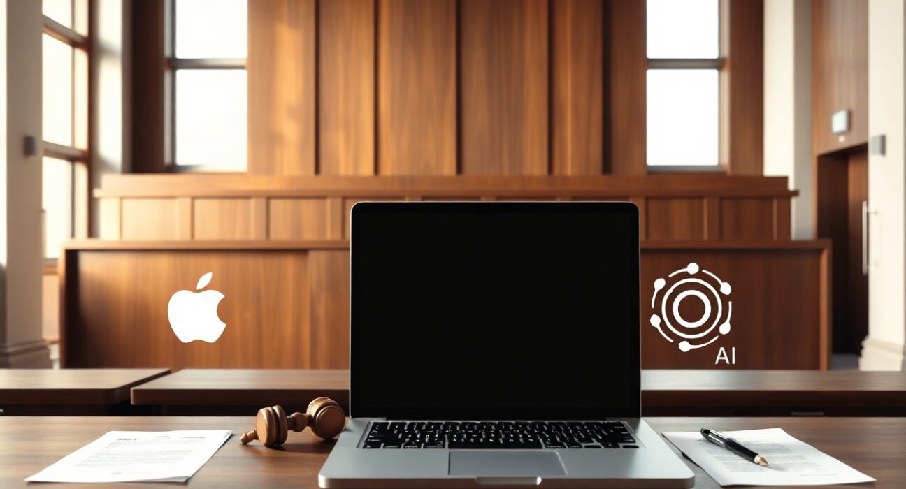 Courtroom scene with Apple and OpenAI logos on a laptop, symbolizing the trade secrets lawsuit.