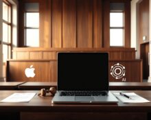Courtroom scene with Apple and OpenAI logos on a laptop, symbolizing the trade secrets lawsuit.