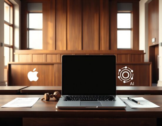 Courtroom scene with Apple and OpenAI logos on a laptop, symbolizing the trade secrets lawsuit.