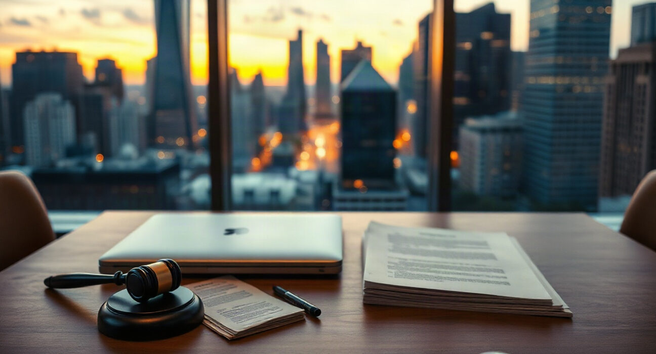 Legal documents and a laptop on a table, symbolizing evidence in Apple's lawsuit against OpenAI.