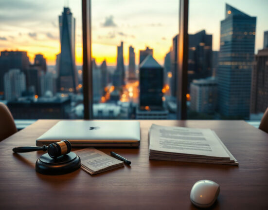 Legal documents and a laptop on a table, symbolizing evidence in Apple's lawsuit against OpenAI.