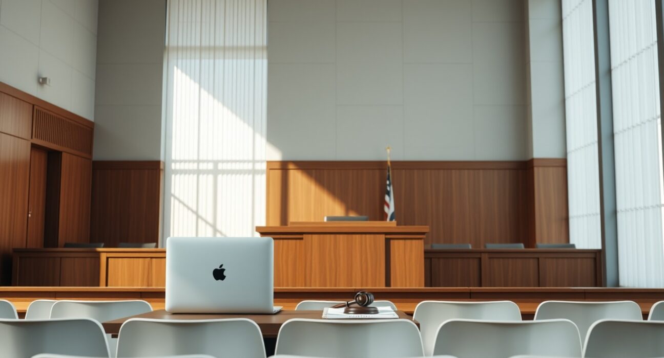A courtroom scene with a judge's bench, an Apple laptop, legal documents, and a gavel, representing the Apple vs OpenAI trade secrets lawsuit.