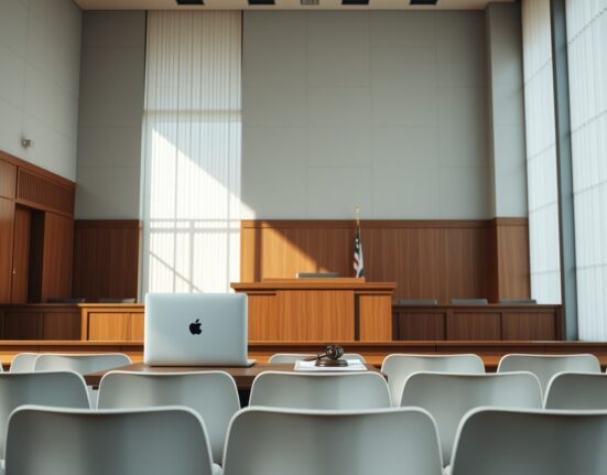 A courtroom scene with a judge's bench, an Apple laptop, legal documents, and a gavel, representing the Apple vs OpenAI trade secrets lawsuit.