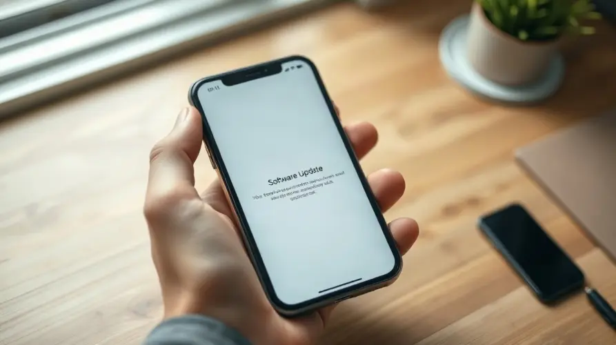 Hands holding an iPhone displaying a software update screen, representing Apple's iOS security patch.