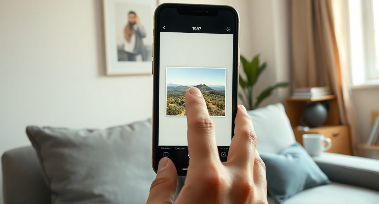 Person using Apple iPhone to reframe a photo with AI, showing blur and generative fill on screen