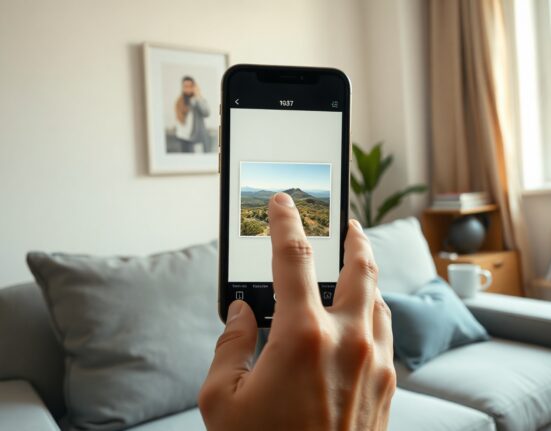 Person using Apple iPhone to reframe a photo with AI, showing blur and generative fill on screen