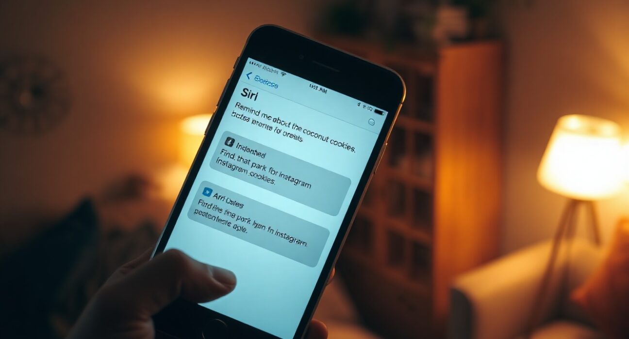 Smartphone screen showing Apple's new Siri AI interface with contextual reminders and personal data integration.