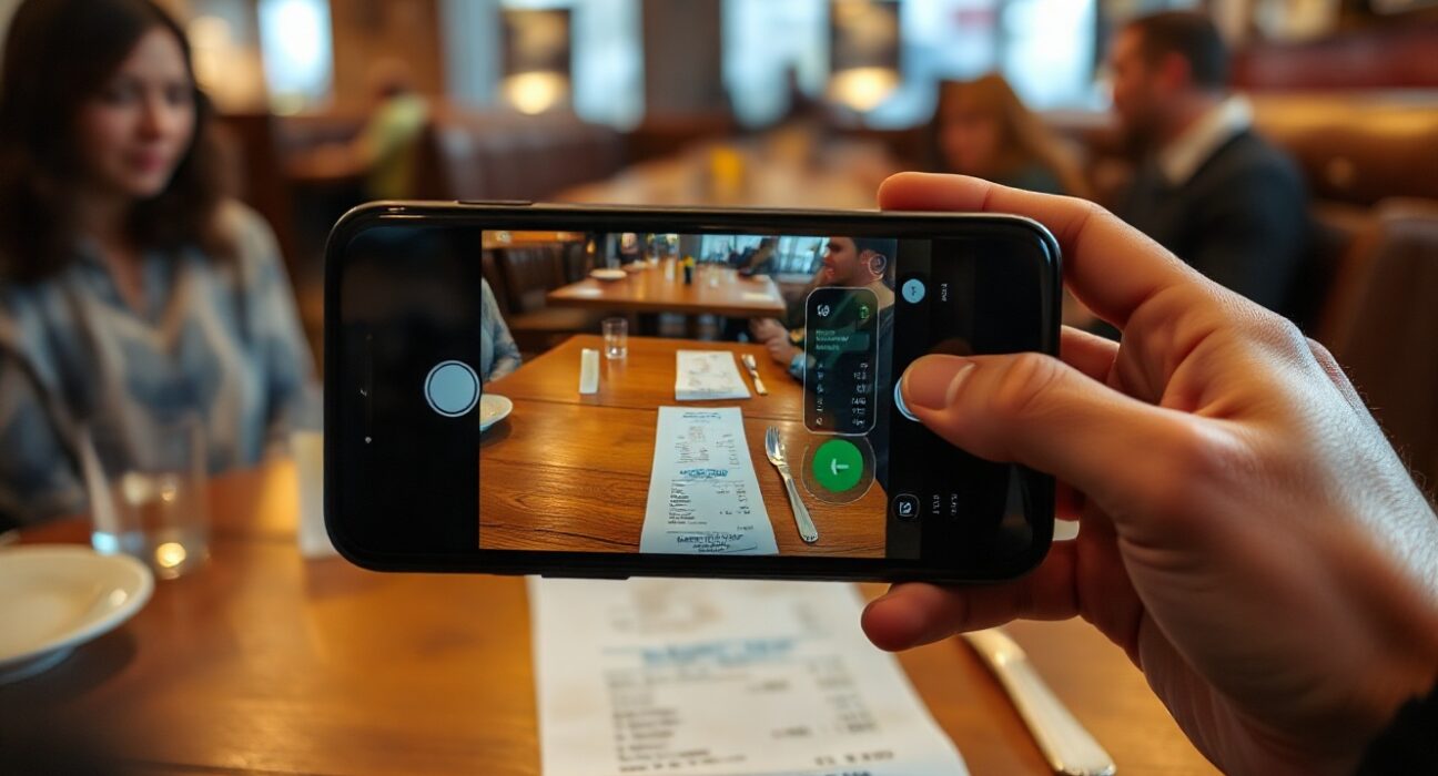 iPhone camera scanning a restaurant receipt with selectable items for bill splitting via Apple Cash