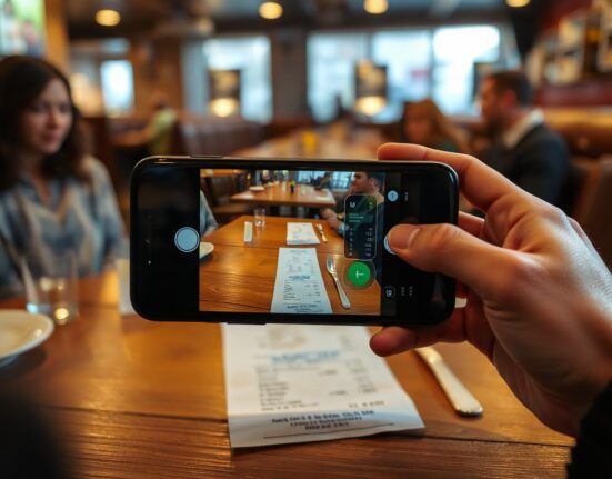 iPhone camera scanning a restaurant receipt with selectable items for bill splitting via Apple Cash