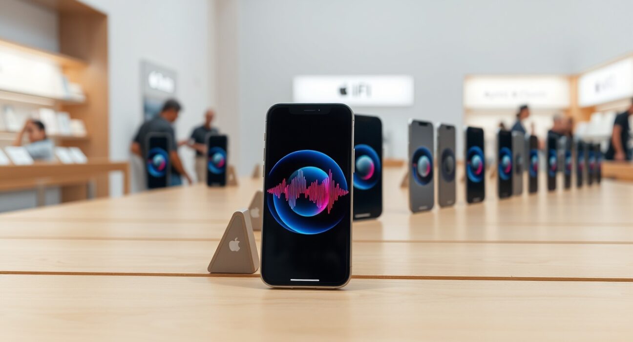 iPhone 16 on display at Apple Store with Siri interface on screen