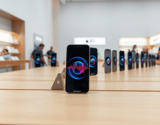 iPhone 16 on display at Apple Store with Siri interface on screen