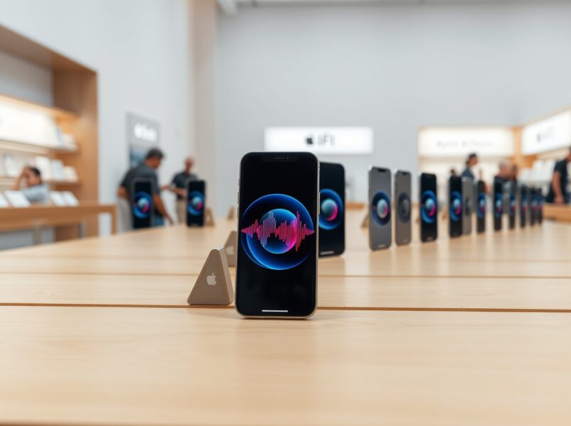 iPhone 16 on display at Apple Store with Siri interface on screen
