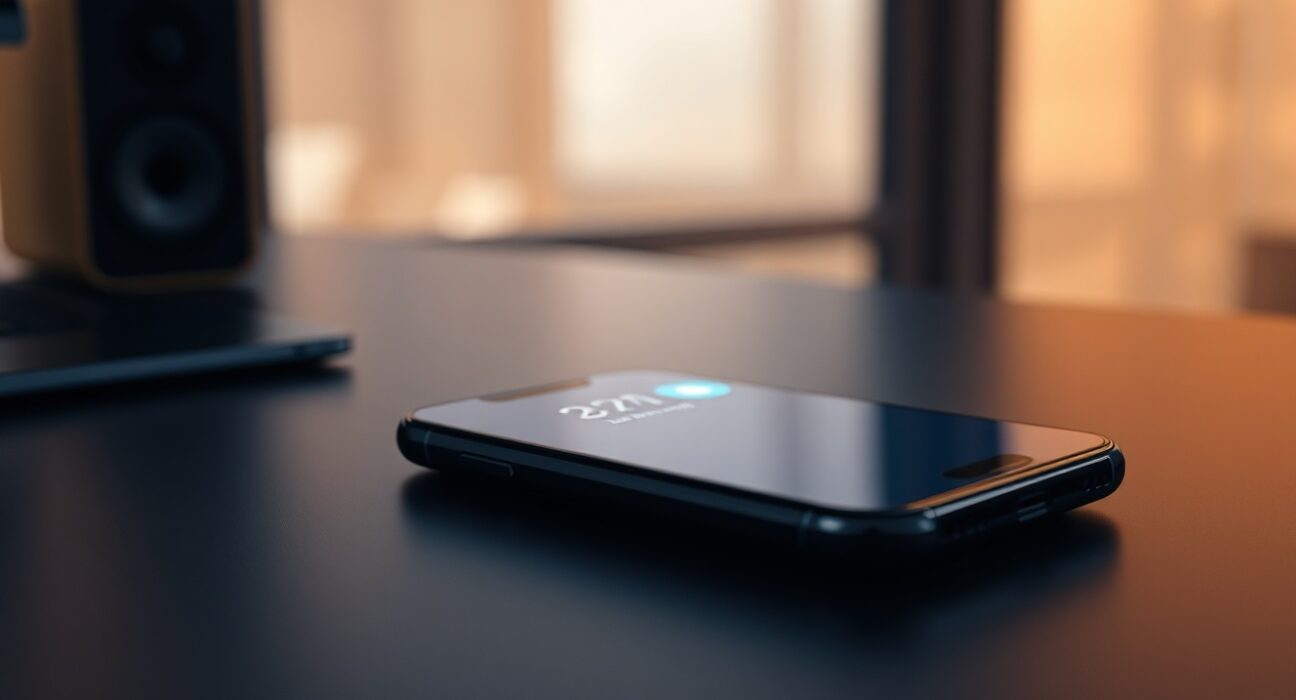 Smartphone displaying Siri interface with privacy lock icon on a desk