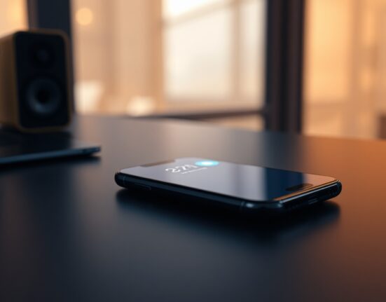 Smartphone displaying Siri interface with privacy lock icon on a desk
