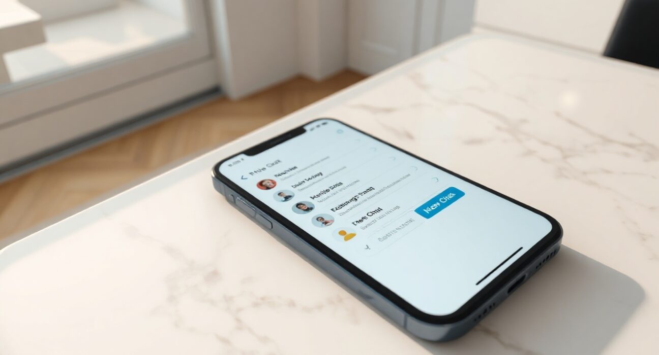 iPhone showing the new Siri app interface with conversation history on a marble surface.