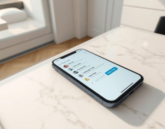 iPhone showing the new Siri app interface with conversation history on a marble surface.