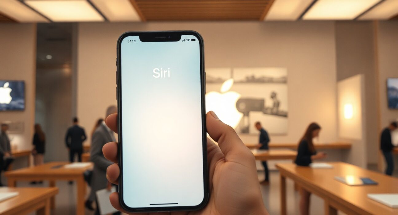 iPhone showing Siri AI interface in an Apple Store with soft ambient lighting