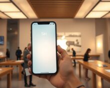 iPhone showing Siri AI interface in an Apple Store with soft ambient lighting