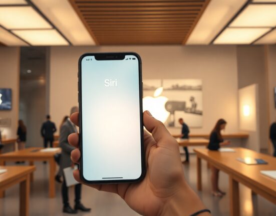 iPhone showing Siri AI interface in an Apple Store with soft ambient lighting