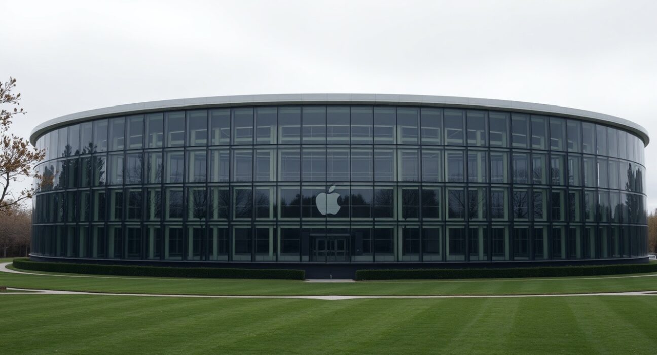 Apple Park headquarters in Cupertino on a cloudy afternoon, reflecting market uncertainty.
