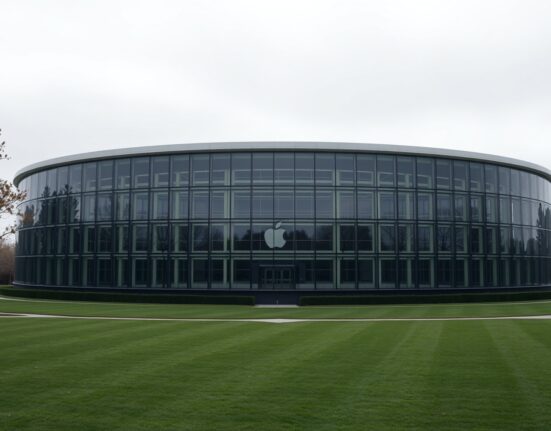 Apple Park headquarters in Cupertino on a cloudy afternoon, reflecting market uncertainty.